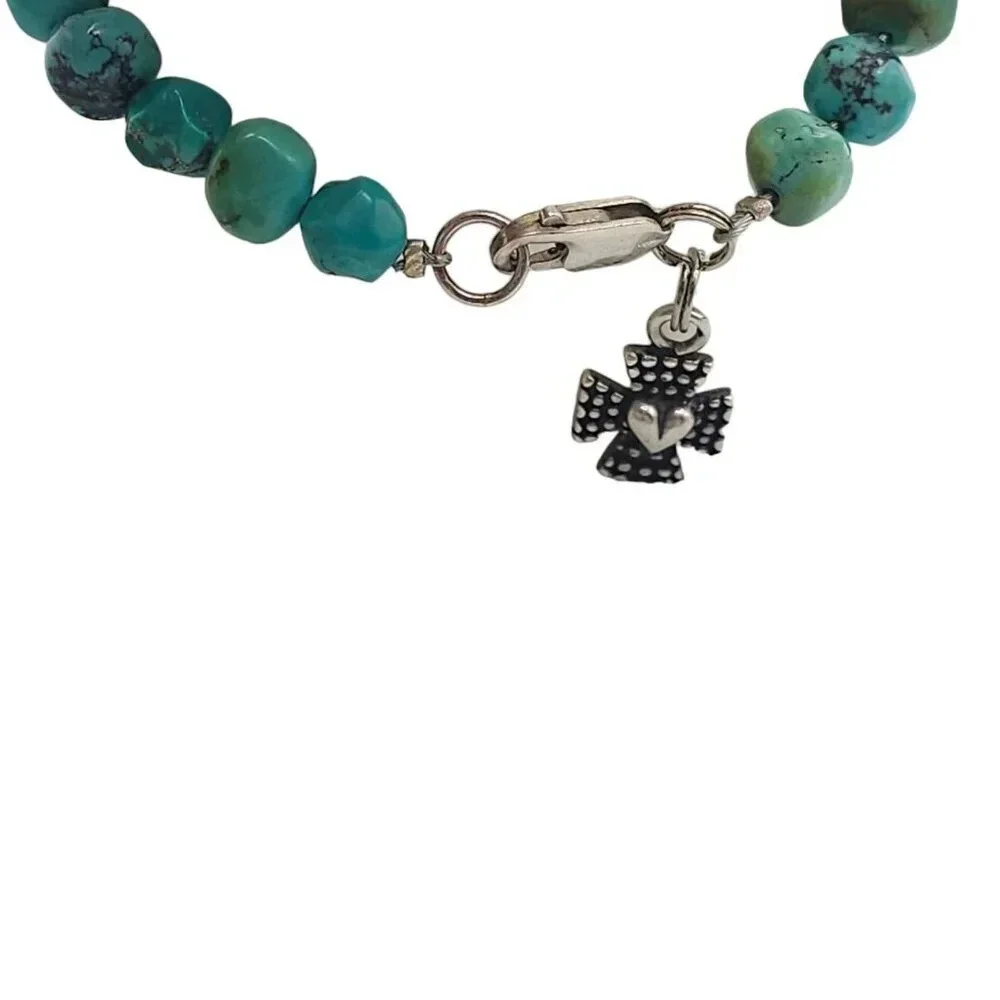 925 Sterling Silver Maltese Cross Blue Turquoise Beaded Bangle Bracelet Vintage